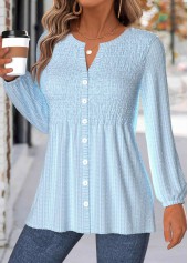 Tummy Coverage Light Blue Long Sleeve V Neck Blouse