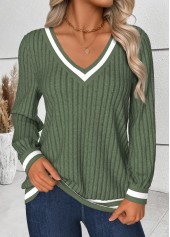 Striped Tummy Coverage Sage Green Long Sleeve T Shirt