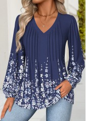 Floral Print Tummy Coverage Navy Long Sleeve Blouse