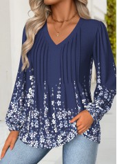 Floral Print Tummy Coverage Navy Long Sleeve Blouse