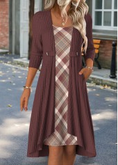 Plaid Tummy Coverage Deep Red Short Long Sleeve Dress