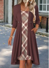 Plaid Tummy Coverage Deep Red Short Long Sleeve Dress