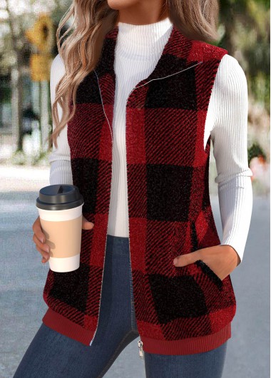 Plaid Plush Wine Red Sleeveless Stand Collar Waistcoat