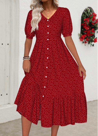 Polka Dot Red Short Sleeve V Neck Dress