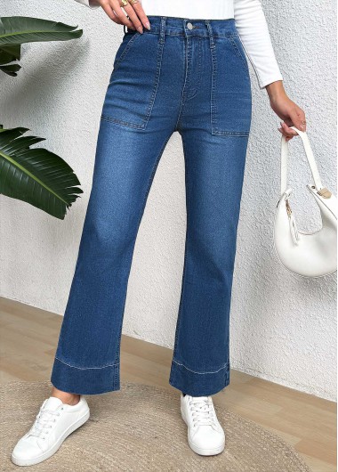 Pocket Denim Blue Wide Leg Button Fly Jeans