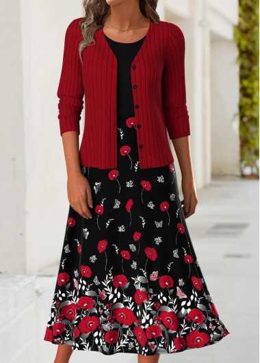 Floral Print Tummy Coverage Red Dress and Cardigan