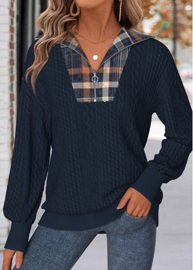 Plaid Tummy Coverage Navy Long Sleeve Sweatshirt