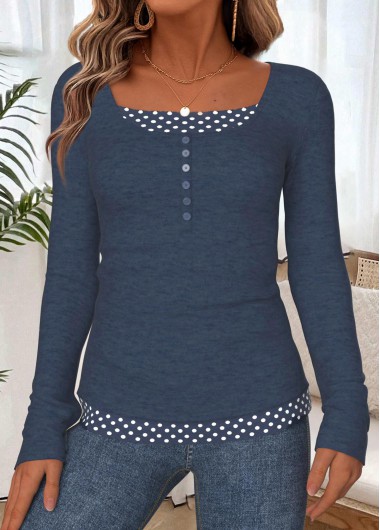 Polka Dot Tummy Coverage Navy Long Sleeve T Shirt