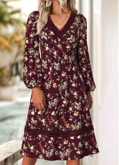 Floral Print Deep Red Long Sleeve V Neck Dress