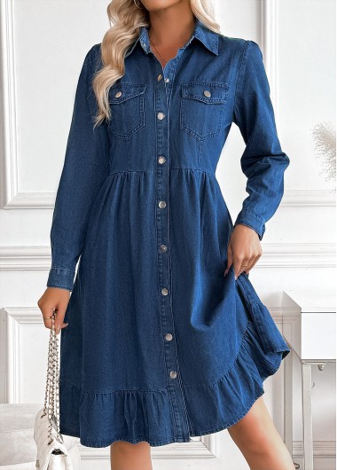 Tummy Coverage Denim Blue Long Sleeve Shirt Collar Dress