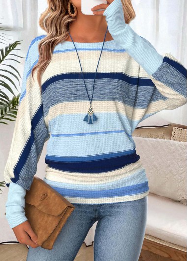 Striped Tummy Coverage Light Blue Long Sleeve T Shirt