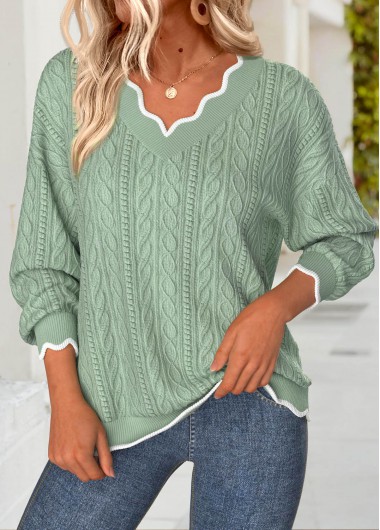 Scalloped Hem Sage Green Long Sleeve V Neck Sweatshirt