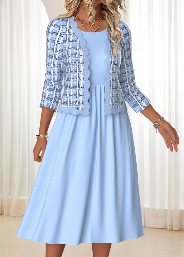 Plaid Tummy Coverage Blue Long Sleeve Dress and Cardigan