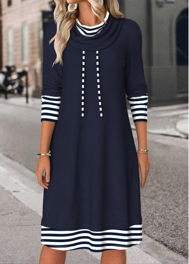 Striped Tummy Coverage Navy Long Sleeve Cowl Neck Dress