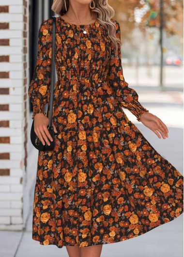 Floral Print Tummy Coverage Orange Long Sleeve Dress Floral Print Tummy Coverage Orange Long Sleeve Dress