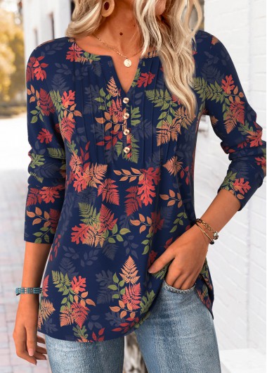 Plus Size Navy Tummy Coverage Leaf Print T Shirt Plus Size Navy Tummy Coverage Leaf Print T Shirt