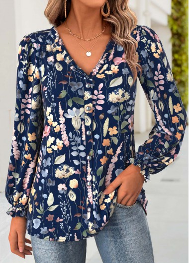 Floral Print Tummy Coverage Navy Long Sleeve Blouse