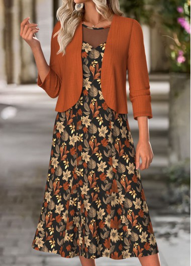 Floral Print Tummy Coverage Terracotta Dress and Cardigan