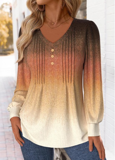 Ombre Tuck Stitch Multi Color Long Sleeve T Shirt