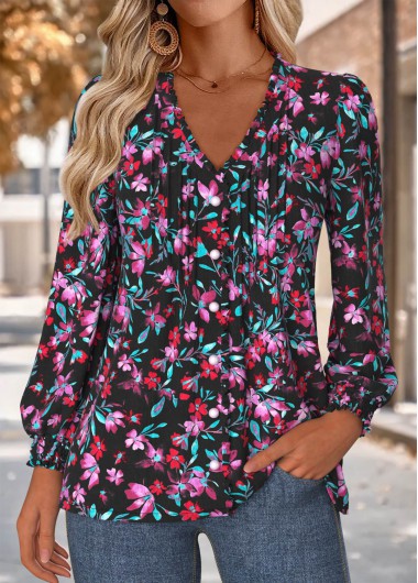 Floral Print Frill Multi Color Long Sleeve Blouse