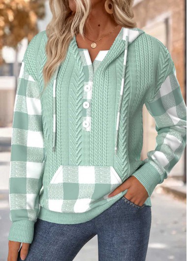 Plaid Tummy Coverage Sage Green Long Sleeve Hoodie
