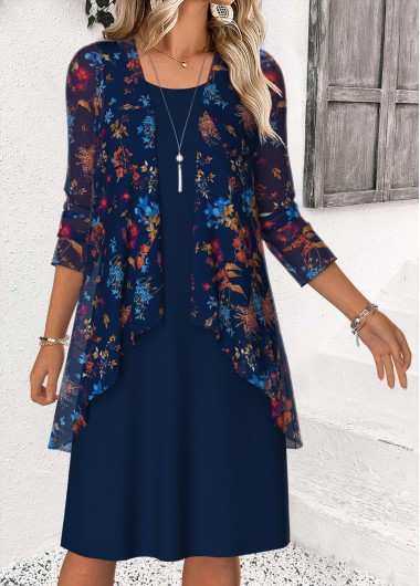 Ditsy Floral Print Tummy Coverage Navy Dress and Cardigan
