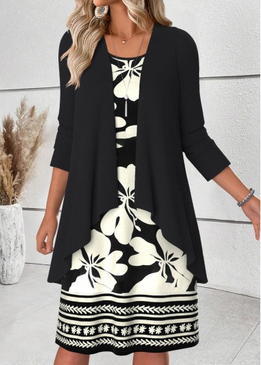 Floral Print Tummy Coverage Black Dress and Cardigan Floral Print Tummy Coverage Black Dress and Cardigan