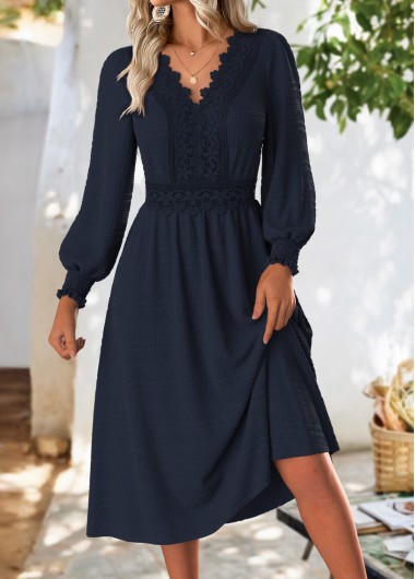 Tummy Coverage Navy Long Sleeve V Neck Dress