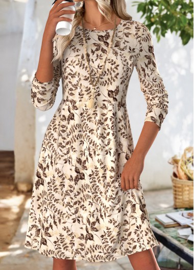 Leaf Print Tummy Coverage Beige Long Sleeve Dress