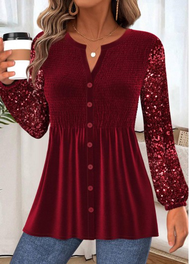 Peplum Wine Red Long Sleeve Split Neck Blouse