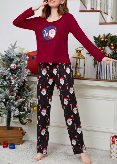 Christmas Wine Red Round Neck Lounge Top and Pants