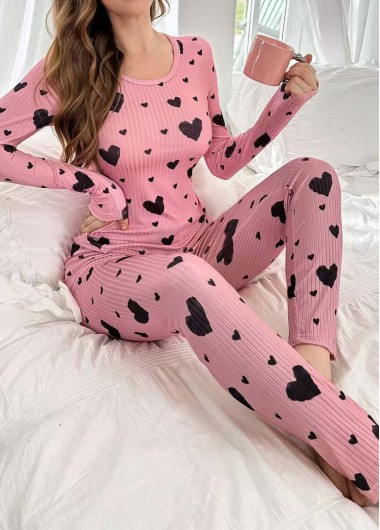 Heart Print Pink Round Neck Lounge Top and Pants