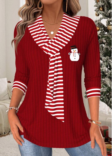 Christmas Striped Tummy Coverage Wine Red T Shirt