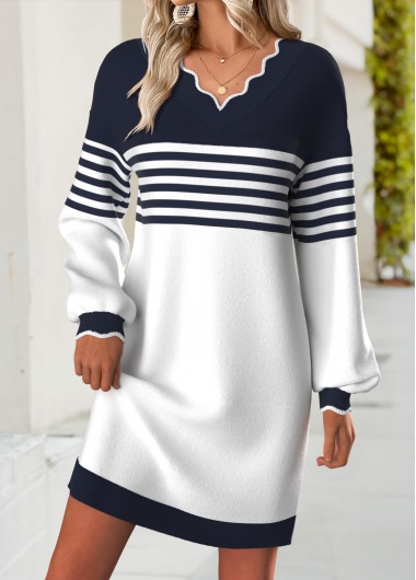 Striped Navy Short Long Sleeve V Neck Dress