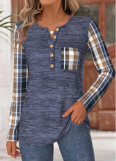 Plaid Tummy Coverage Navy Long Sleeve T Shirt Plaid Tummy Coverage Navy Long Sleeve T Shirt
