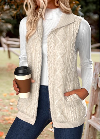 Double Side Pockets Beige Sleeveless Stand Collar Waistcoat