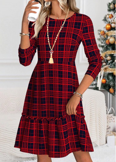 Plaid Tummy Coverage Wine Red Long Sleeve Dress