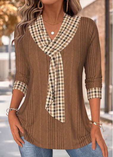 Plaid Tummy Coverage Dark Coffee 3/4 Sleeve T Shirt