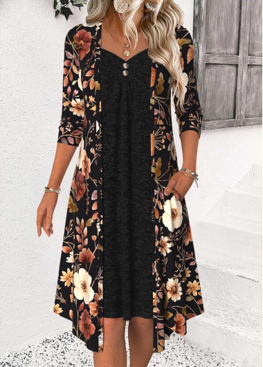 Floral Print Tummy Coverage Black Long Sleeve Dress
