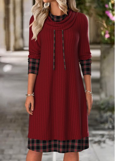 Plaid Tummy Coverage Wine Red Long Sleeve Dress