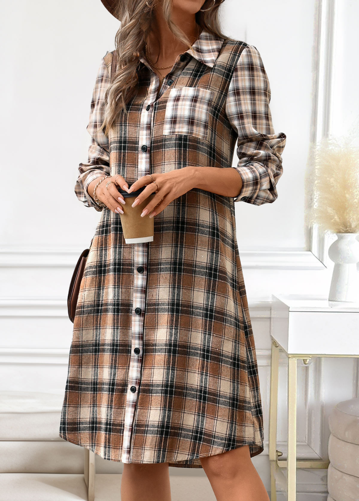 Plaid Button Dark Coffee A Line Long Sleeve Dress