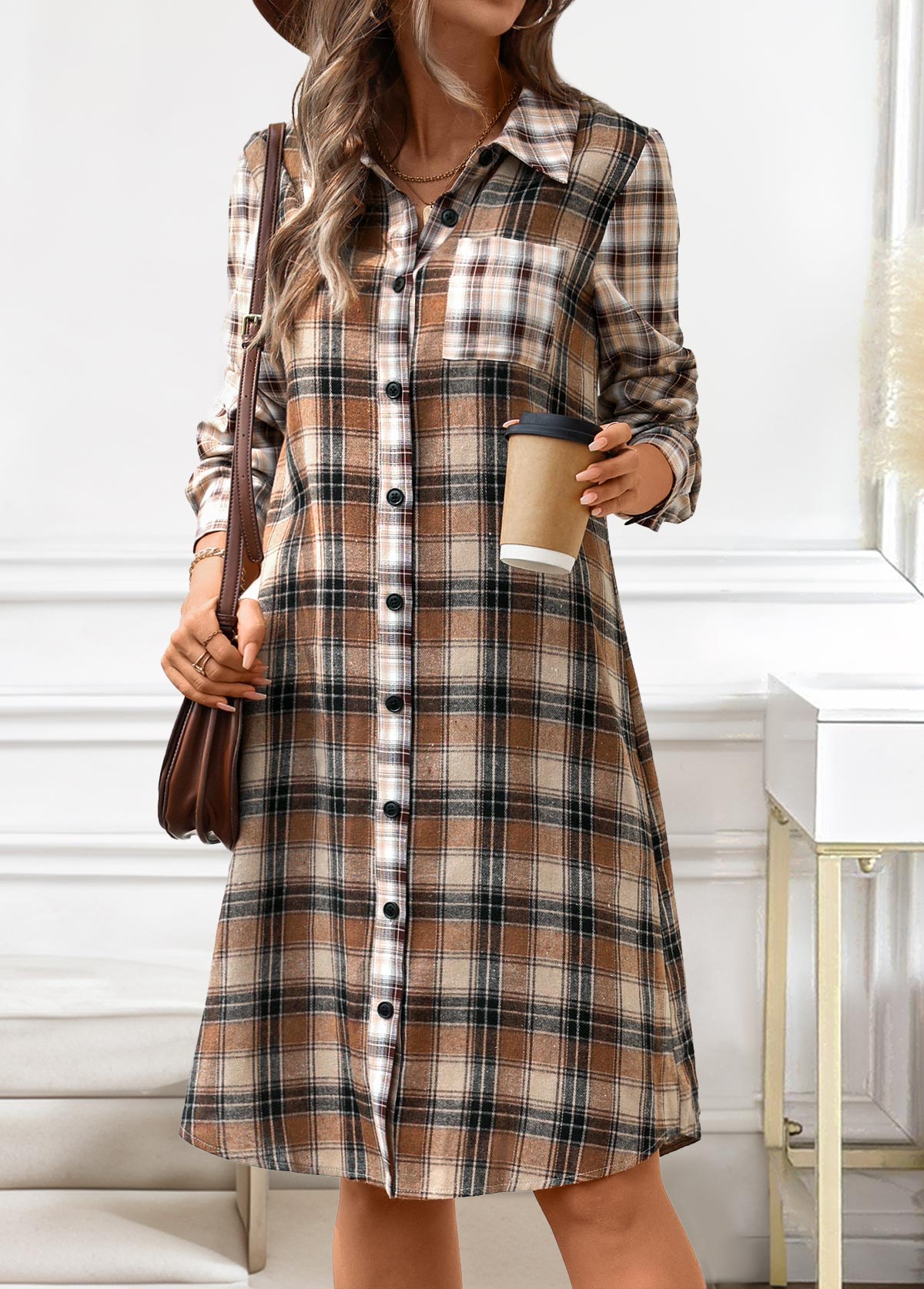 Plaid Button Dark Coffee A Line Long Sleeve Dress