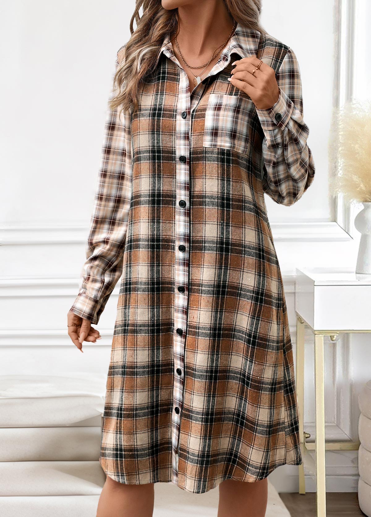 Plaid Button Dark Coffee A Line Long Sleeve Dress