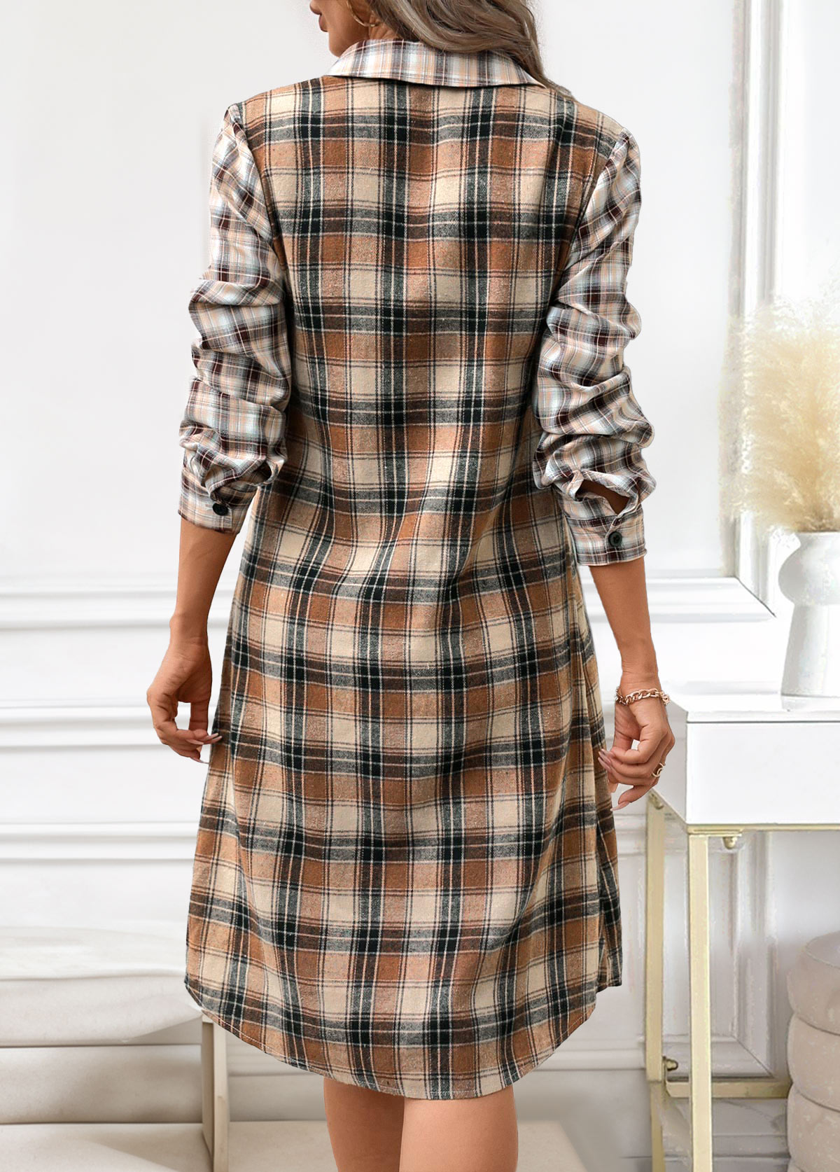 Plaid Button Dark Coffee A Line Long Sleeve Dress