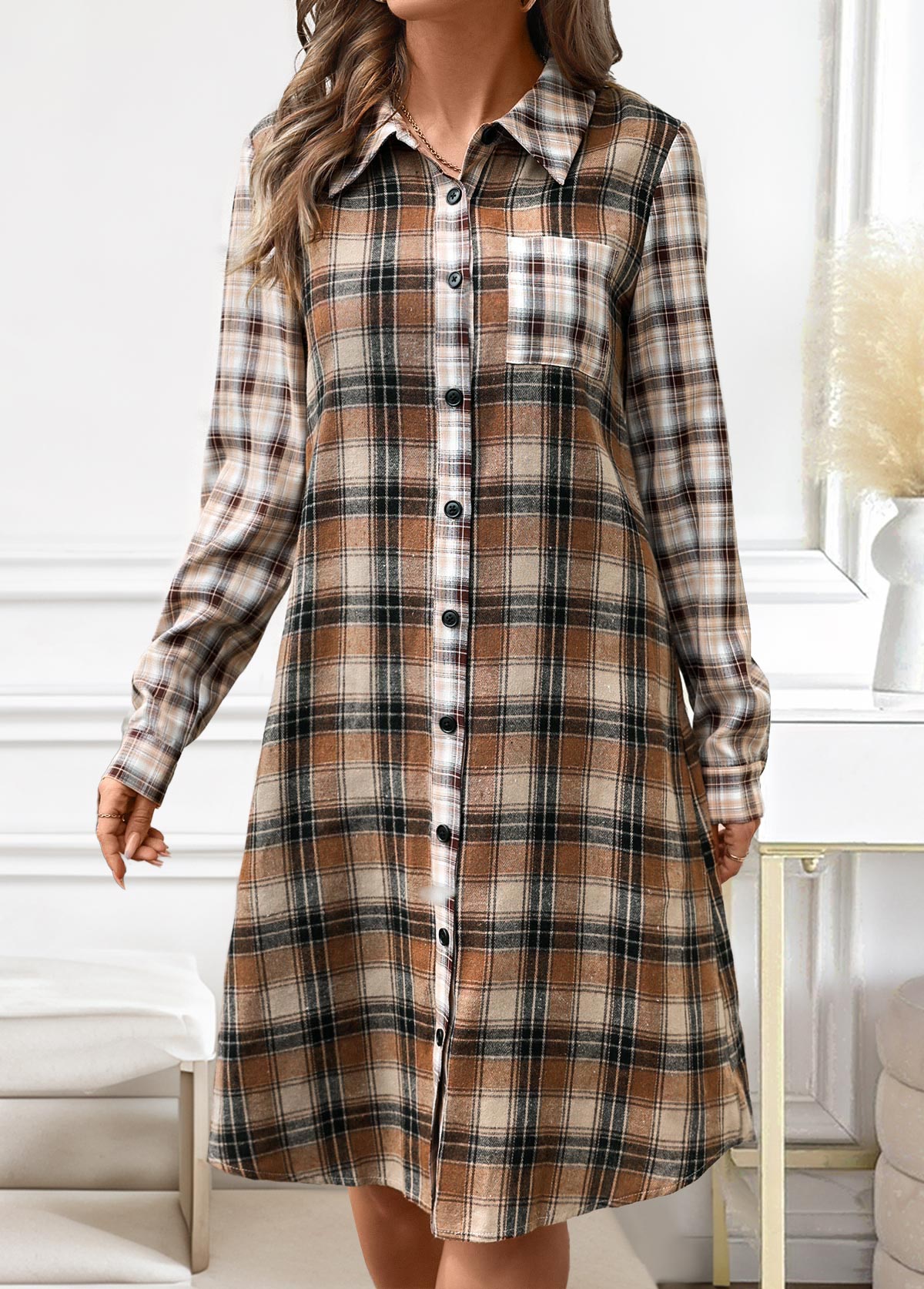 Plaid Button Dark Coffee A Line Long Sleeve Dress