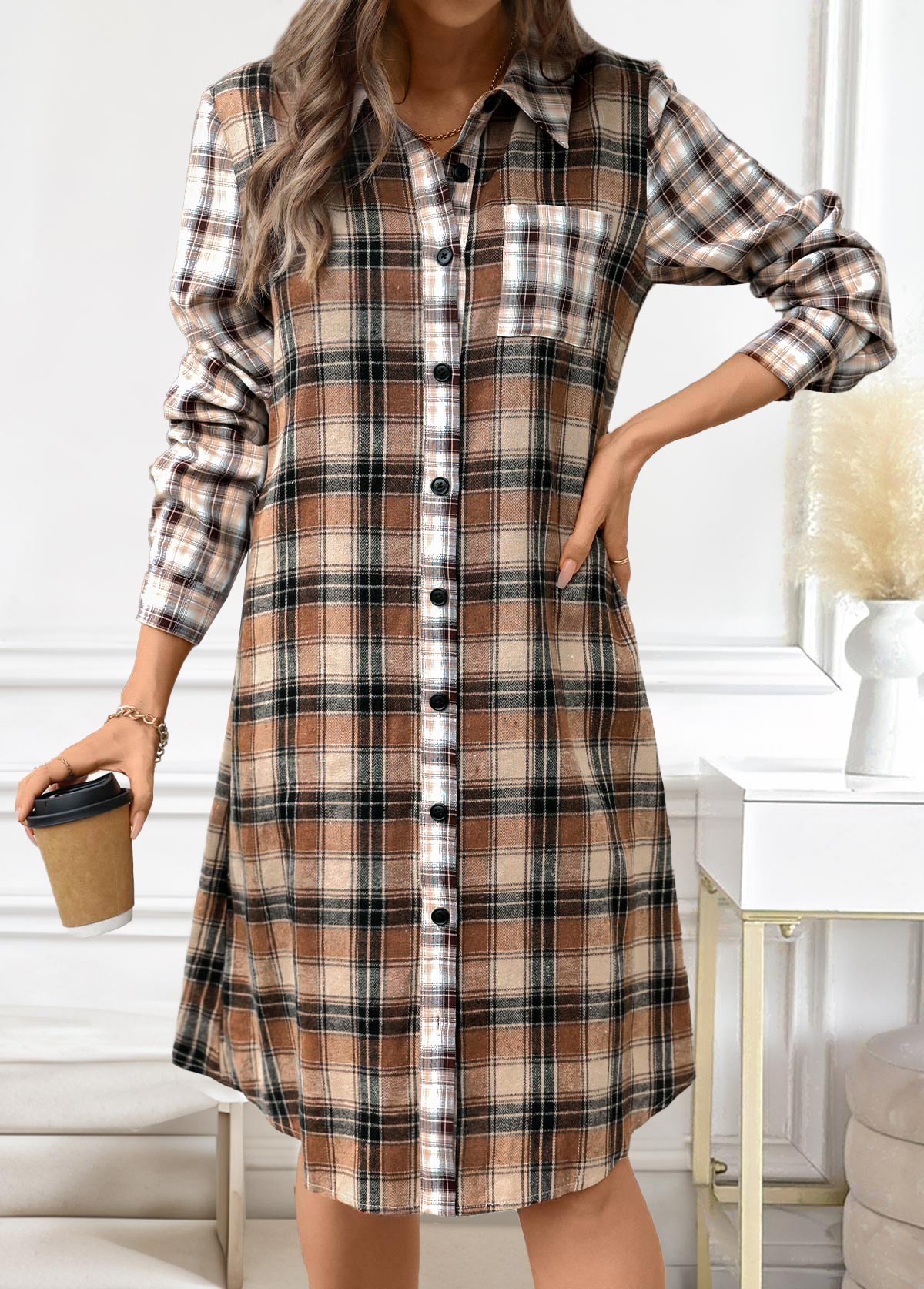 Plaid Button Dark Coffee A Line Long Sleeve Dress