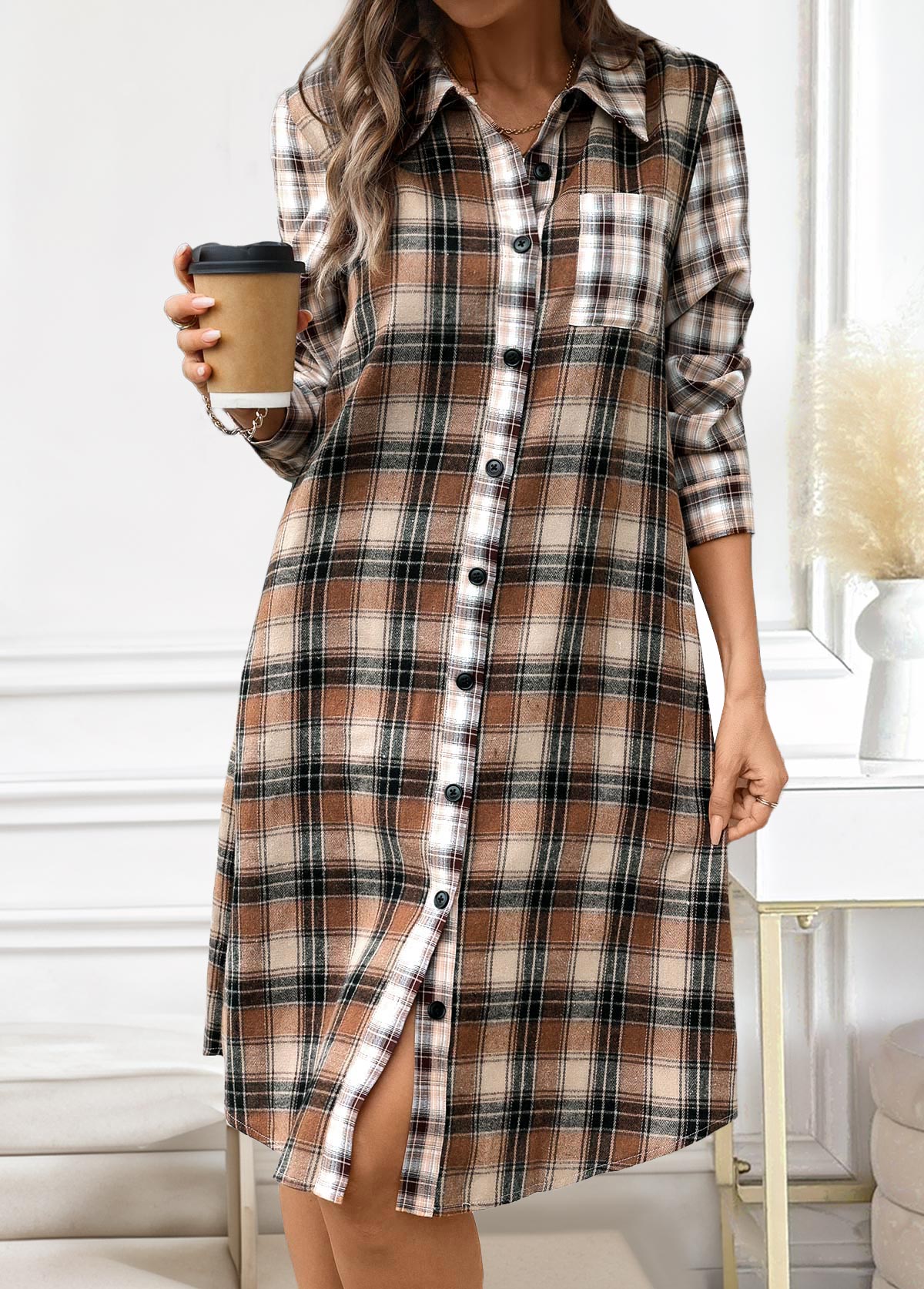 Plaid Button Dark Coffee A Line Long Sleeve Dress