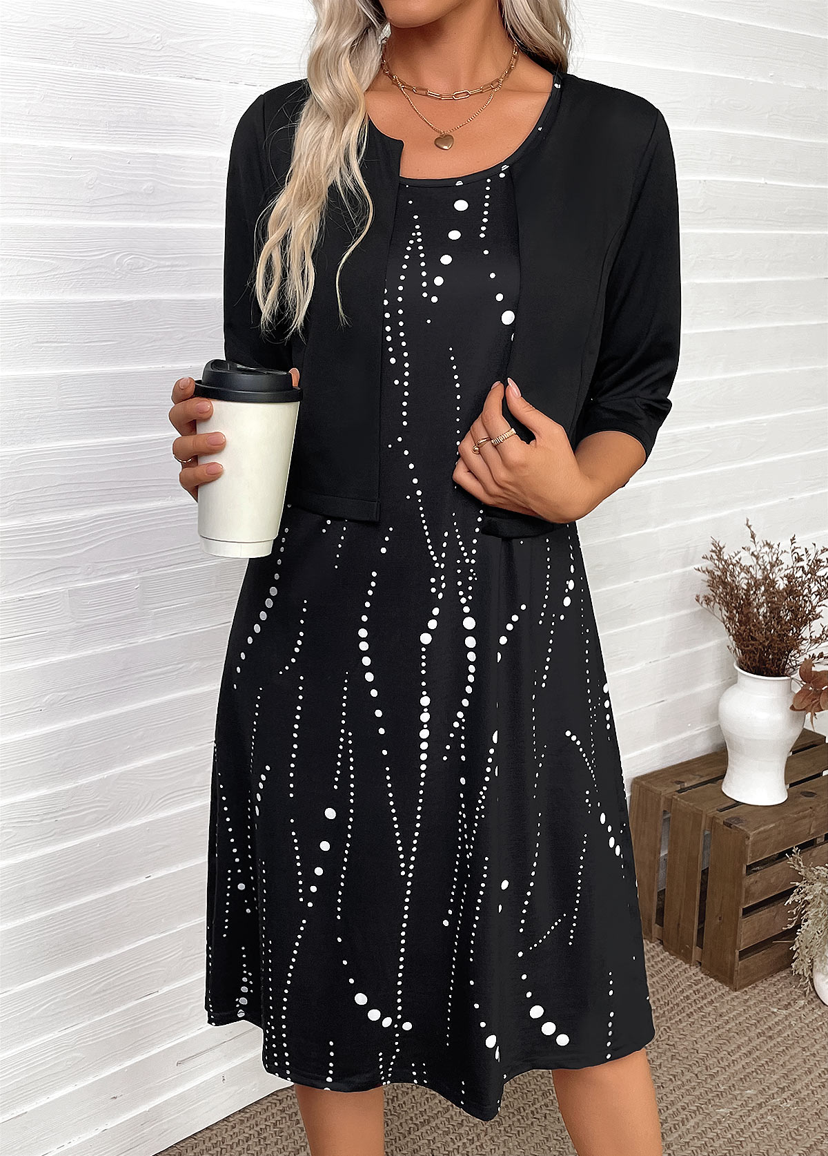 Polka Dot Tummy Coverage Black Dress and Cardigan