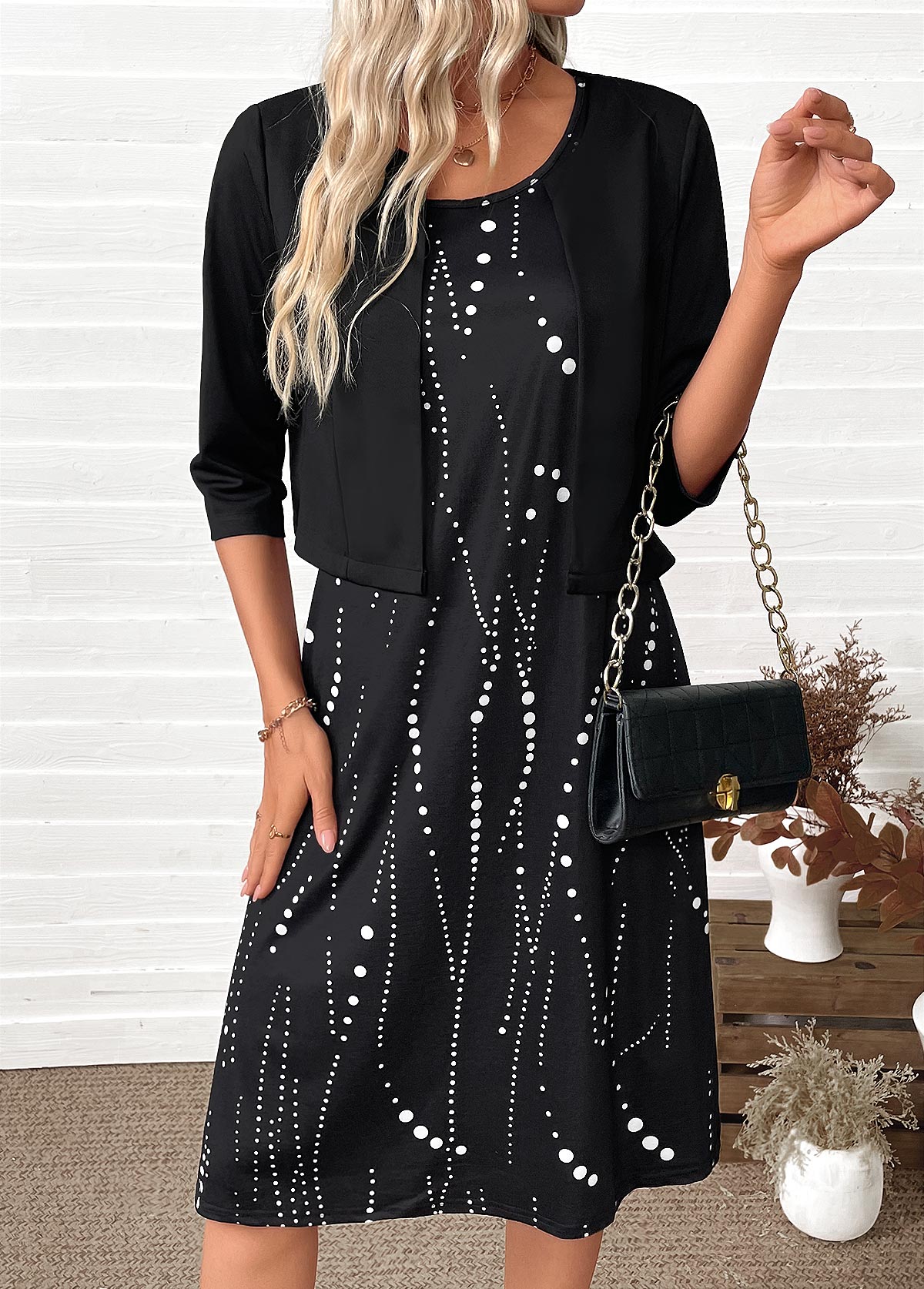 Polka Dot Tummy Coverage Black Dress and Cardigan