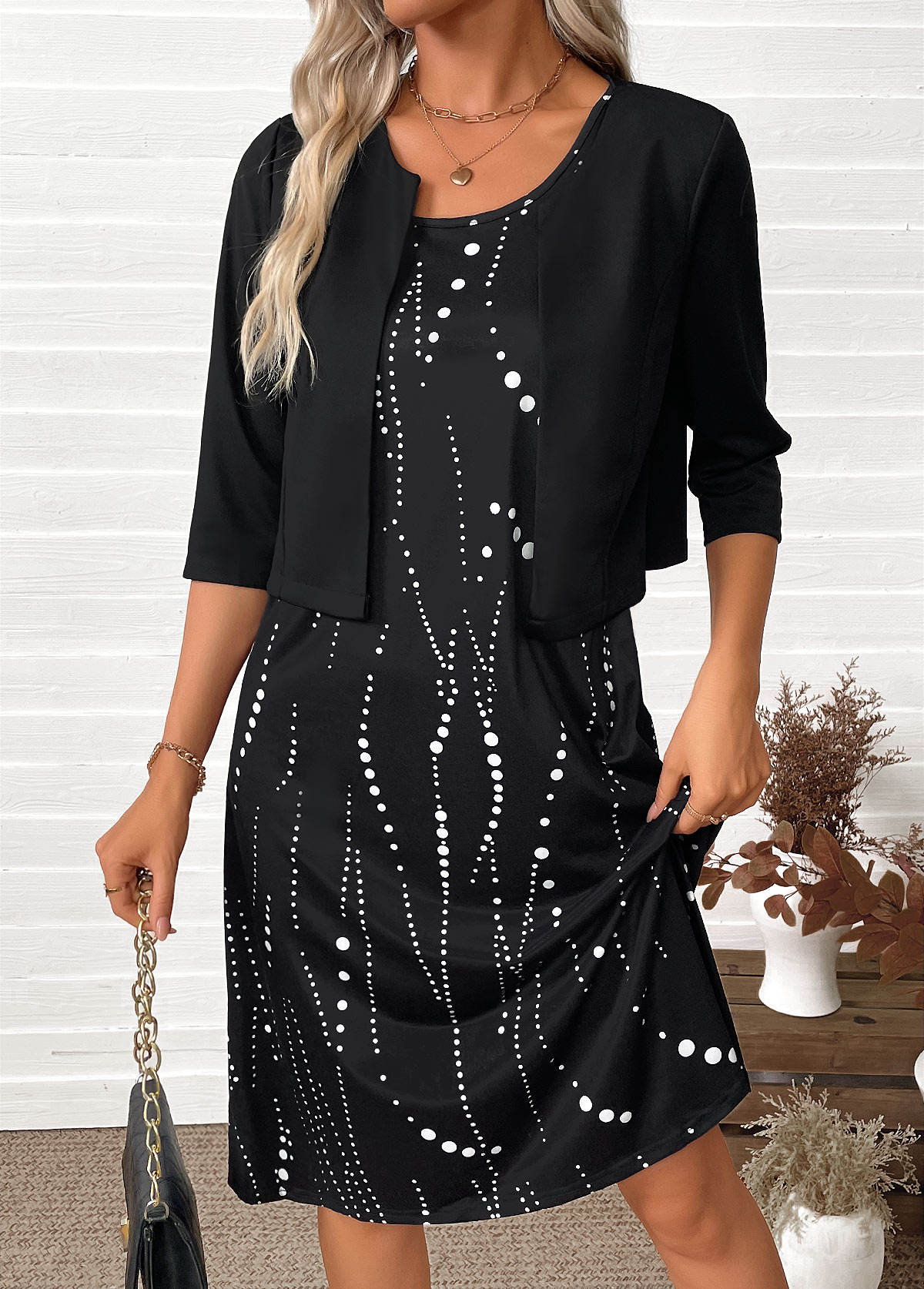 Polka Dot Tummy Coverage Black Dress and Cardigan